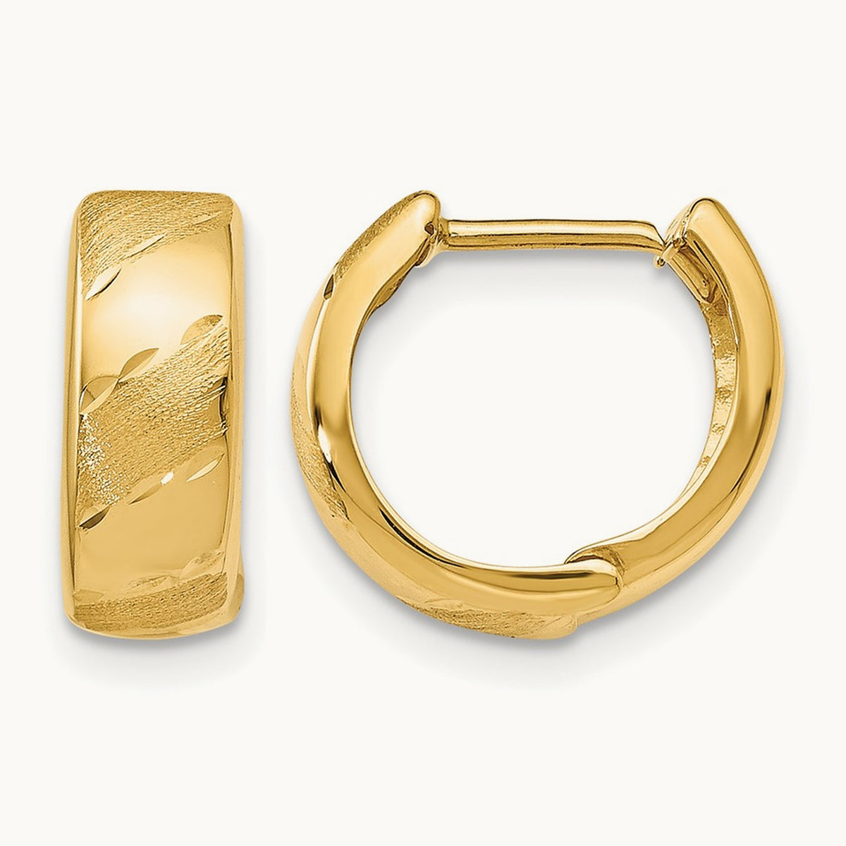 Polished and Satin Hinged Hoop Earrings — 14K Yellow Gold