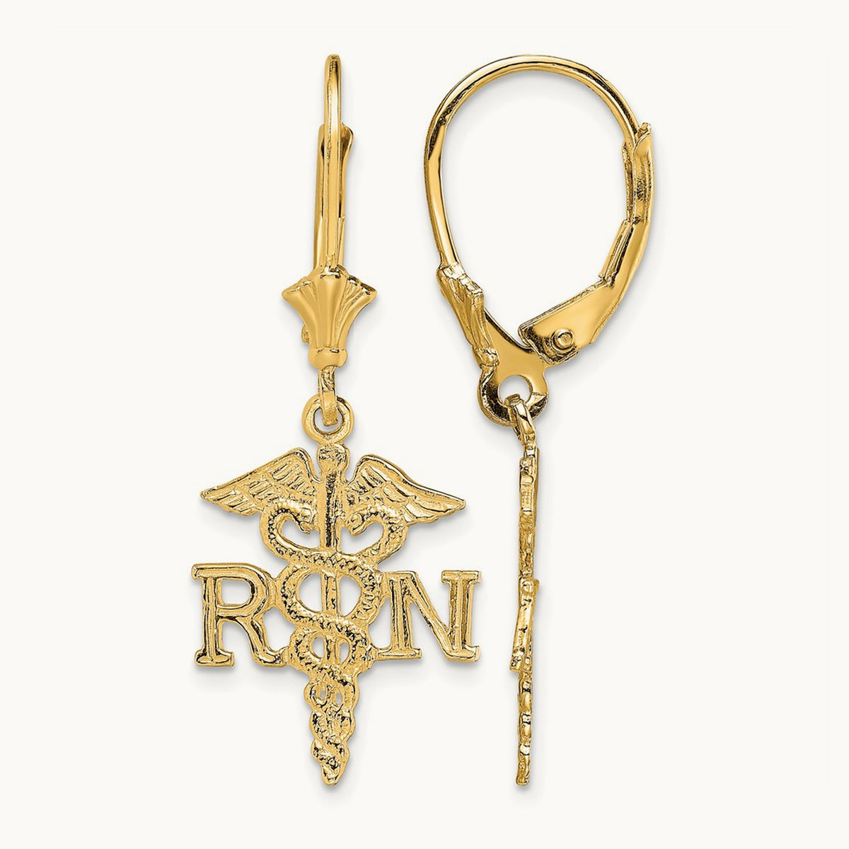 RN Caduceus Leverback Earrings — 14K Yellow Gold