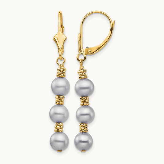 5- Grey Semi-round Freshwater Cultured Pearl Leverback Earrings, 6mm, 14K