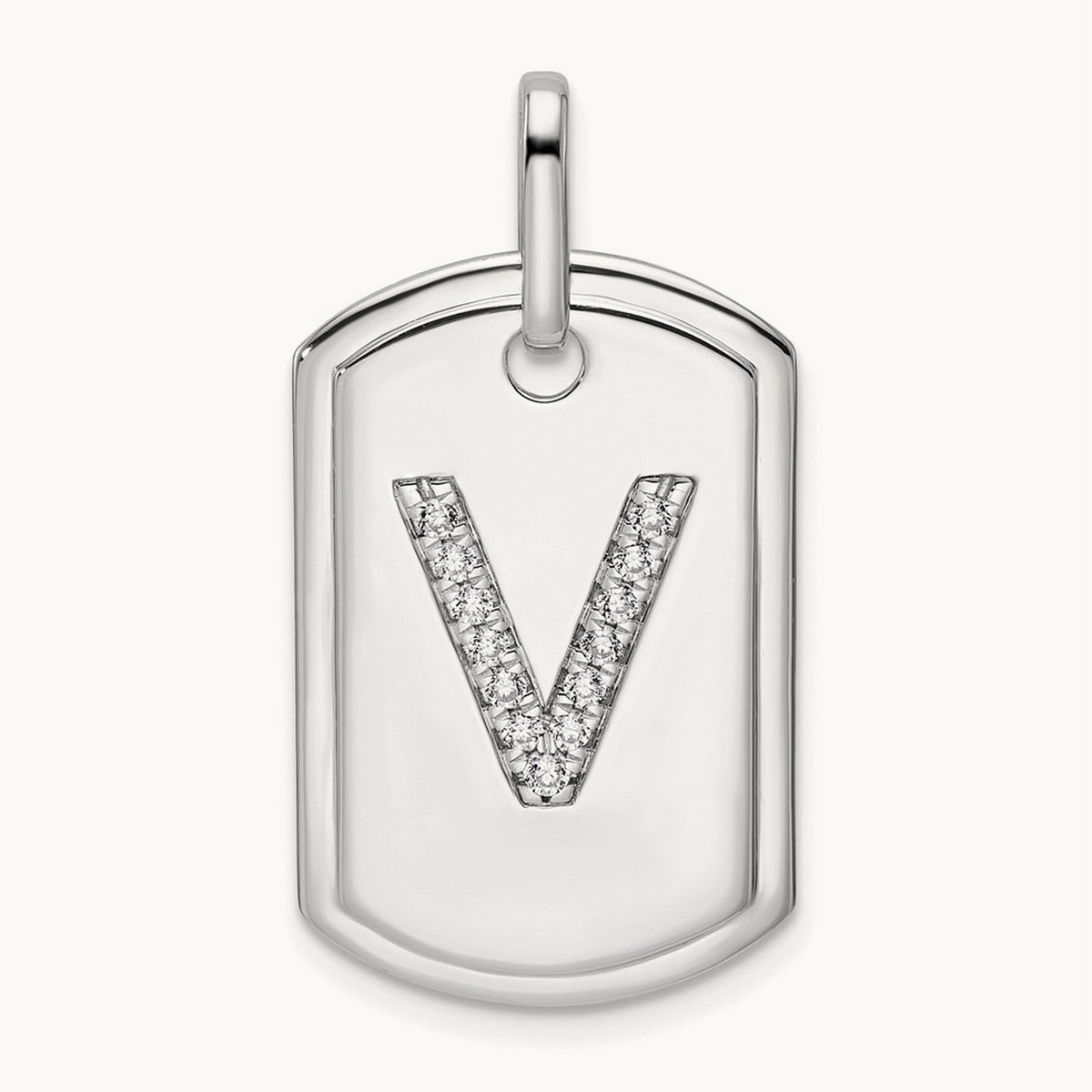Diamond Dog Tag Charm — 14K White Gold, V