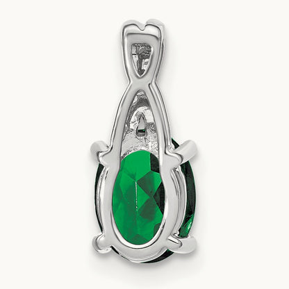 Oval Created Emerald and Diamond Pendant, 14K White Gold