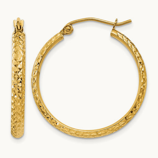 Diamond-cut Hollow Hoop Earrings — 10K Yellow Gold, 2.8x25mm