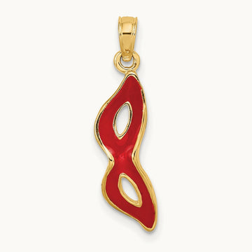 3-D and Beveled W/Red Enamel Masquerade Mask Pendant, 14K