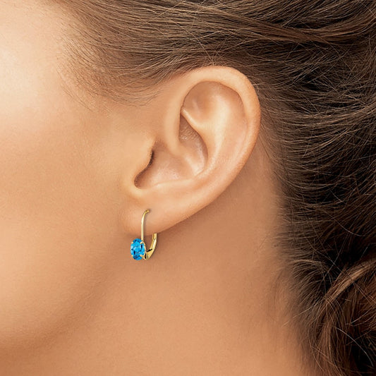 Oval Blue Topaz Leverback Earrings — 16mm, 6x4mm