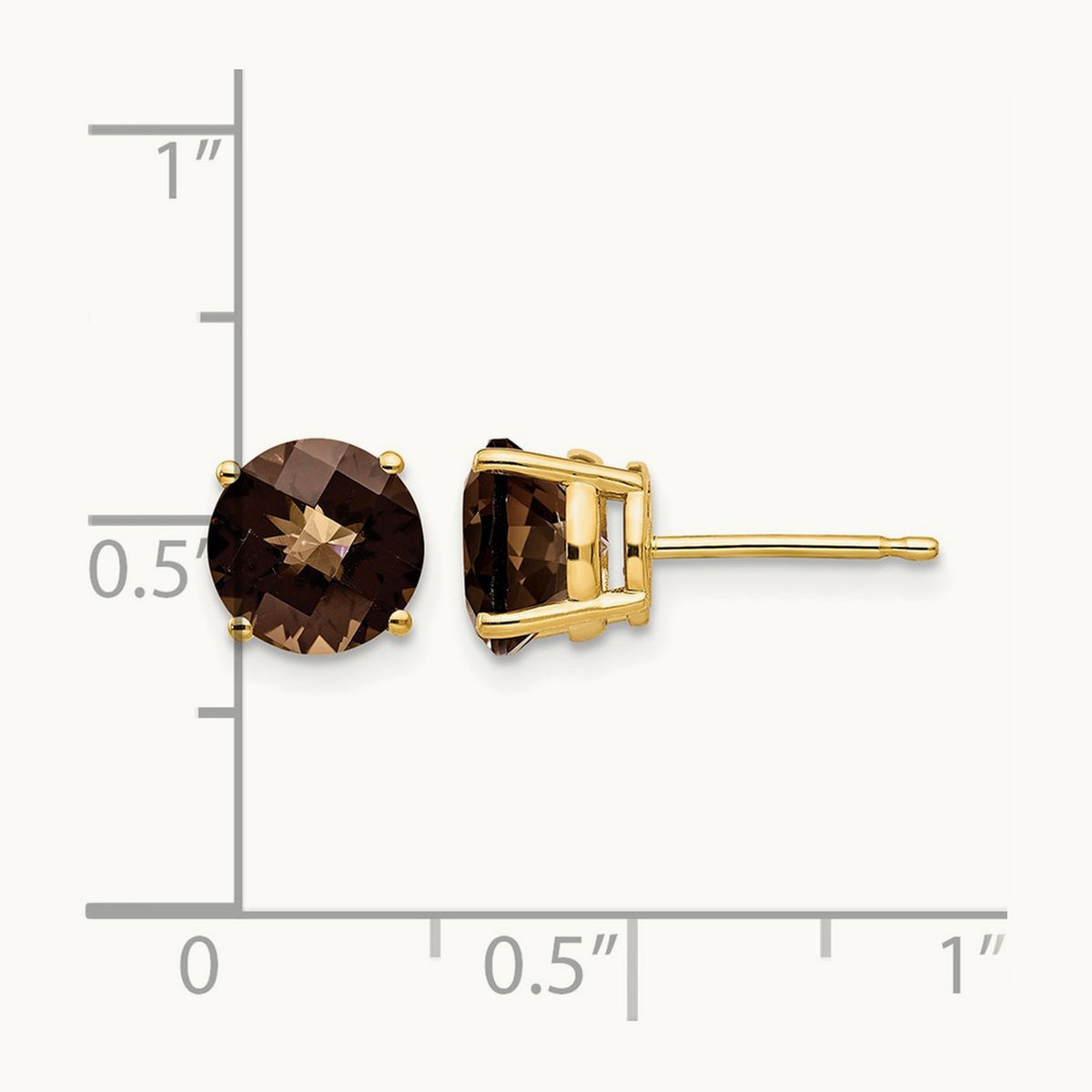 Round Checker-Cut Smoky Quartz Earrings, 7mm, 14K