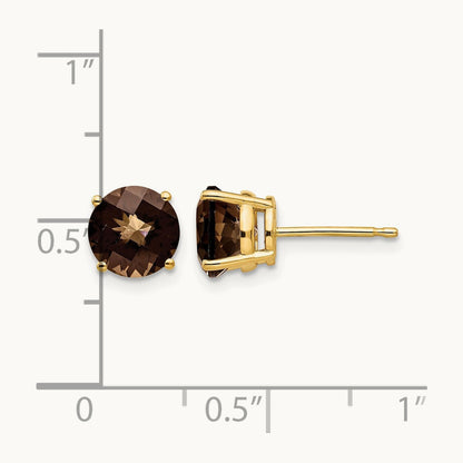 Round Checker-Cut Smoky Quartz Earrings, 7mm, 14K