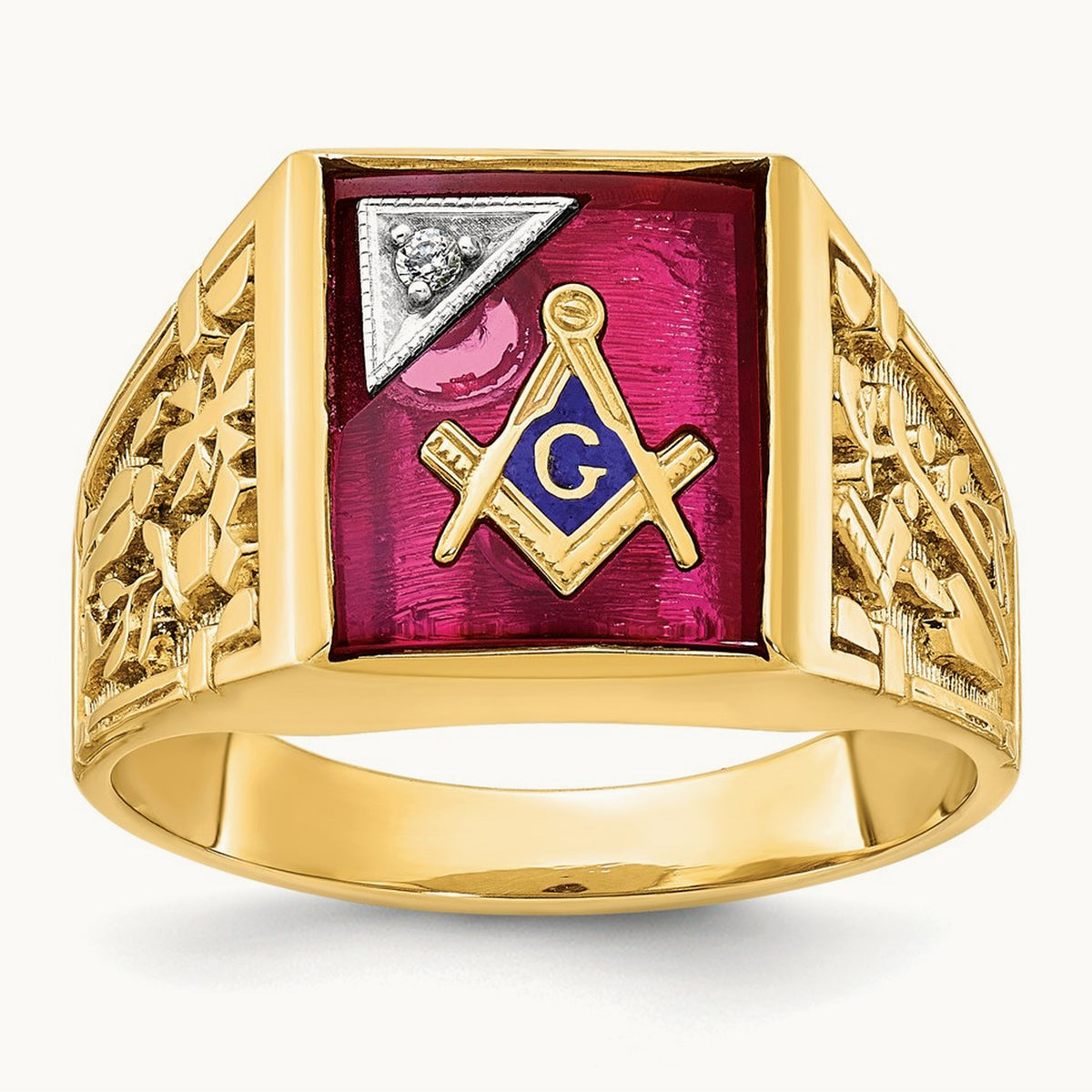 14ktt IBGoodman Men's Lab Cr. Ruby & Dia Blue Lodge Masonic Ring