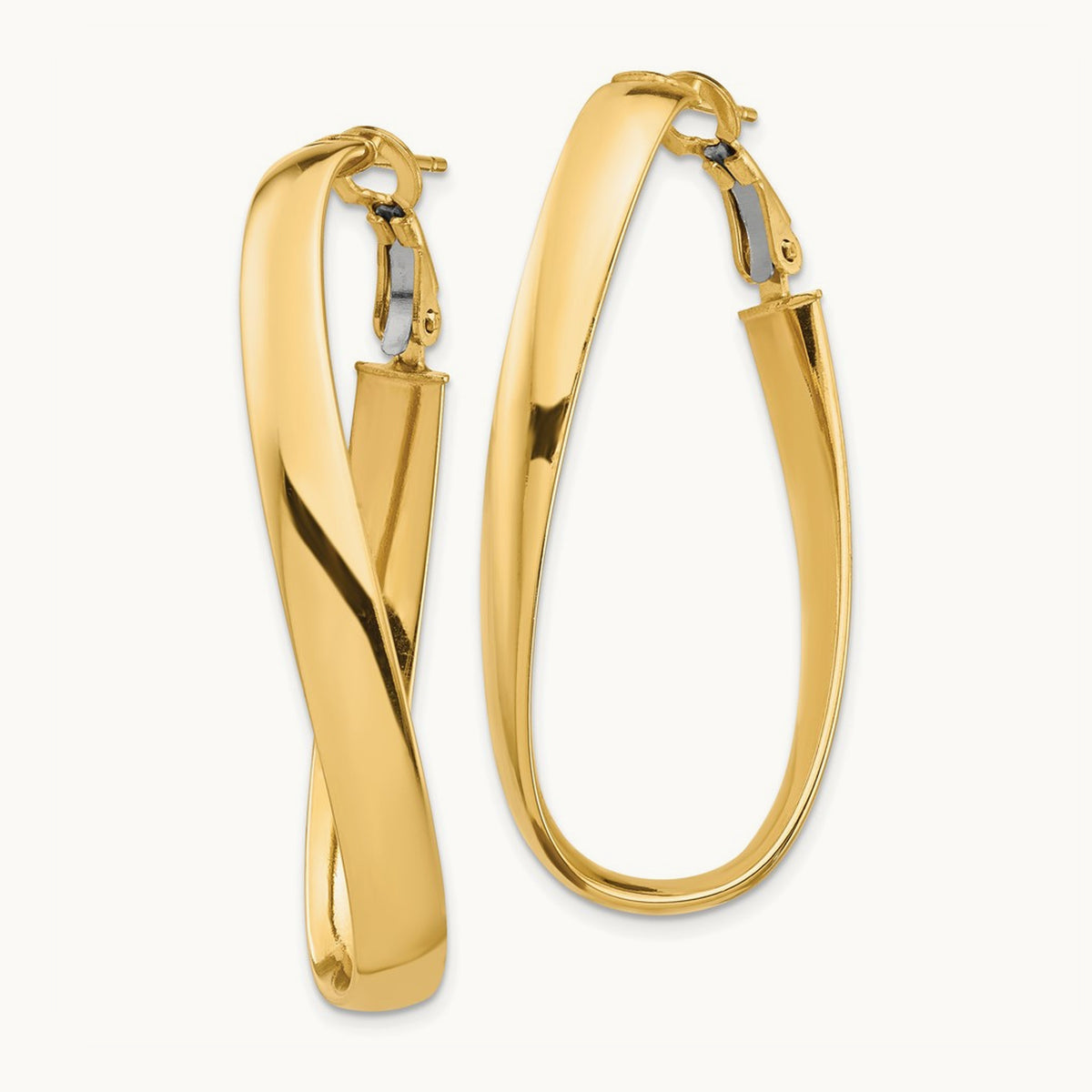 Polished Twisted Omega Back Oval Hoop Earrings — 14K Yellow Gold, 5mm