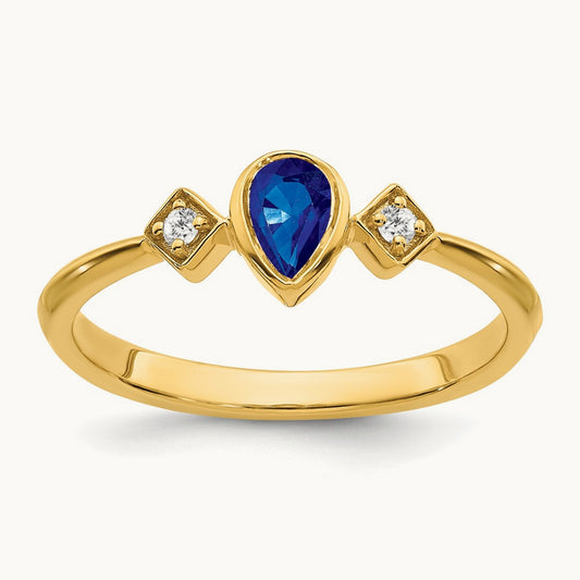 Pear Bezel Sapphire and Diamond Ring — 14K Yellow Gold, 7