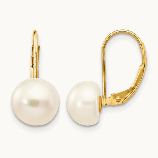 8- White Button Freshwater Cultured Pearl Leverback Earrings, 9mm, 14K