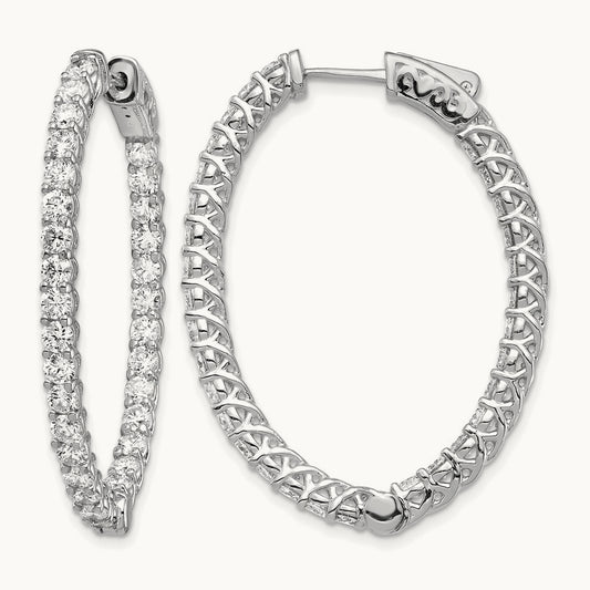 Diamond Oval Hoop w/Safety Clasp Earrings, 14K White Gold