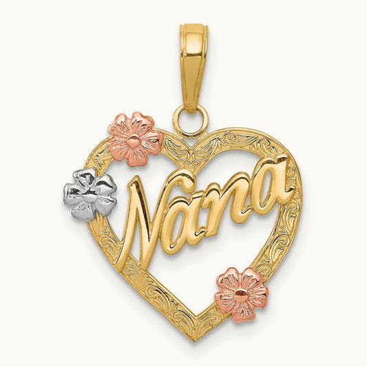 Tri-color NANA in Heart with Flowers Pendant, 14K