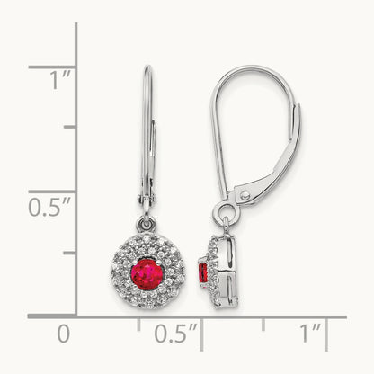Diamond Halo Ruby Leverback Dangle Earrings, 14K White Gold