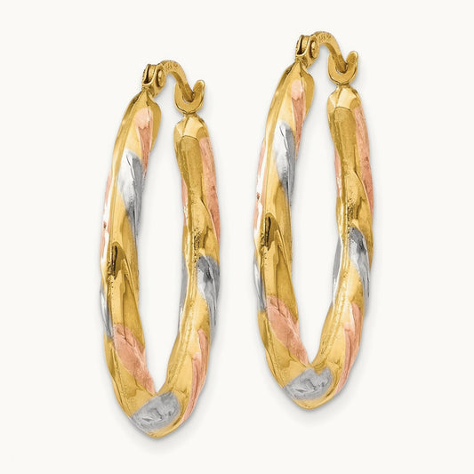 & White & Rose Rhodium Oval Hollow Scallop Hoop Earrings, 14K