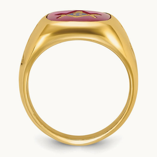 IBGoodman Men's Grooved w/ Lab Cr. Ruby Blue Lodge Masonic Ring, 14K