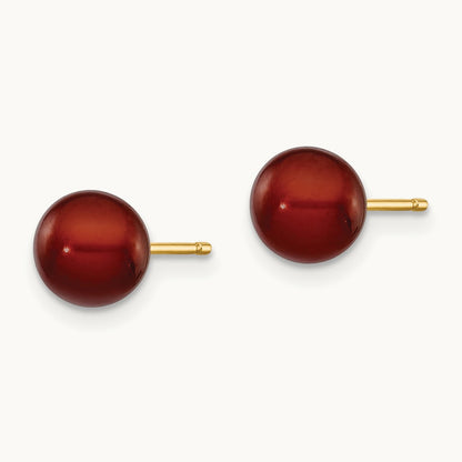 6- Brown Round Freshwater Cultured Pearl Stud Post Earrings, 7mm, 14K