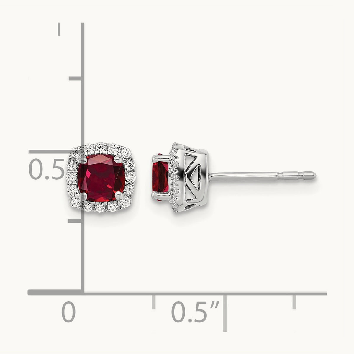Created Ruby Square Halo Post Earrings, 0.10 ct tw Lab-Grown Diamond — 10K White Gold