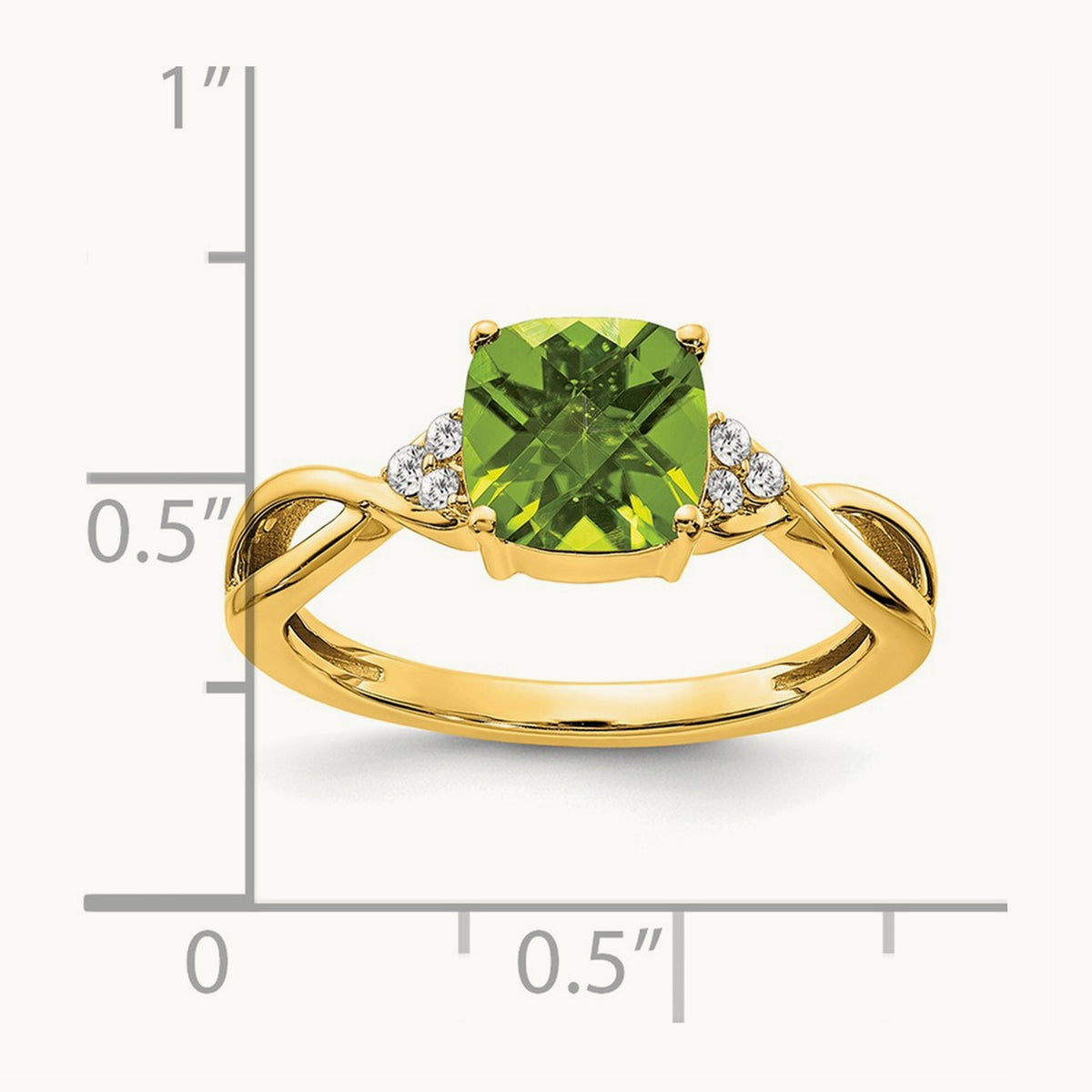 Checkerboard Peridot and Diamond Ring — 14K Yellow Gold, 7