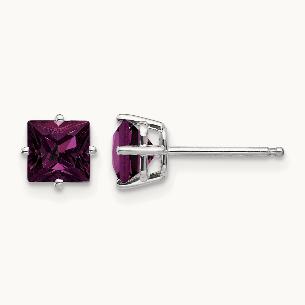 Rhodolite Garnet Princess Stud Earrings, 5mm, 14K White Gold