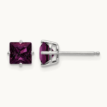 Rhodolite Garnet Princess Stud Earrings, 5mm, 14K White Gold