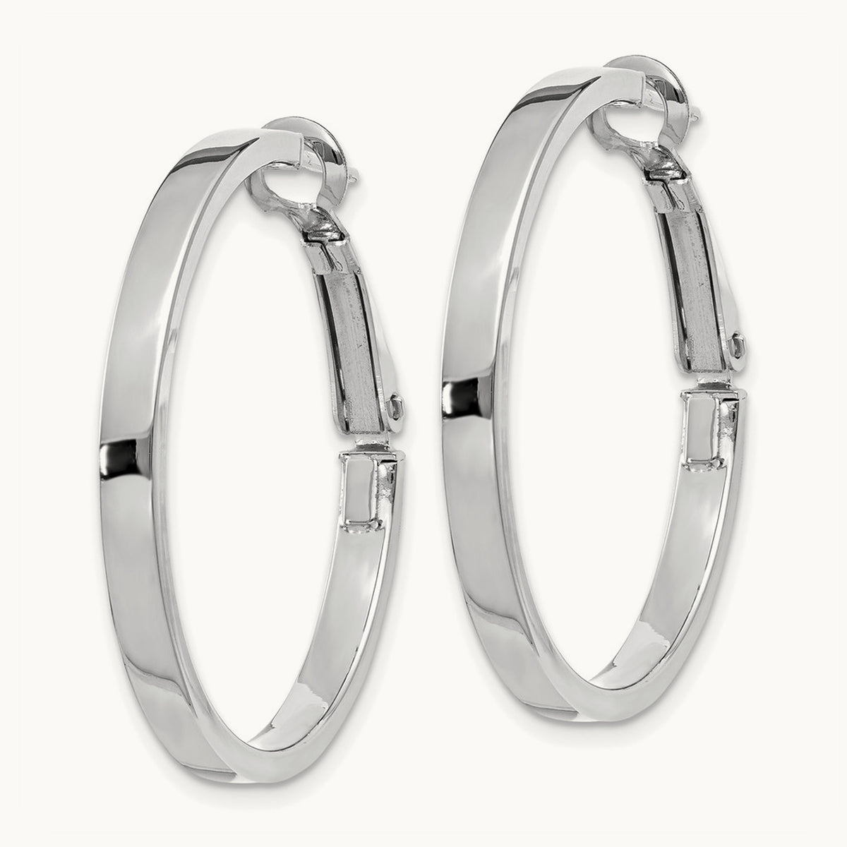 Polished Square Tube Round Hoop Earrings — 14K White Gold, 3x30mm