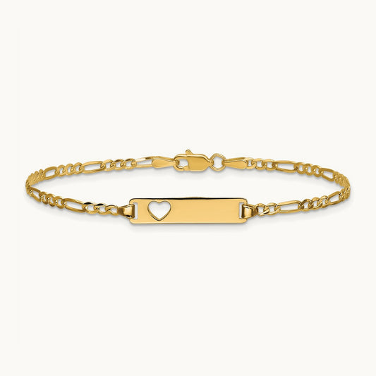 Cut-out Heart Figaro Link ID Bracelet, 14K