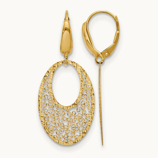 Polished and Textured Floral Leverback Earrings — 14K Yellow Gold