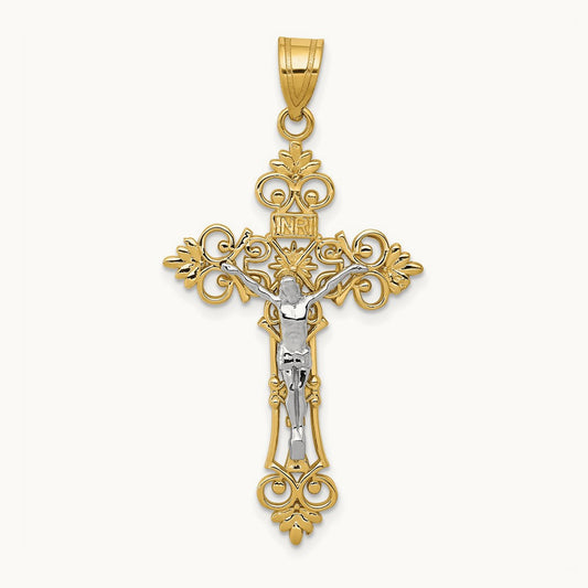 Large Lacy-Edge Inri Crucifix Pendant, 14K Two-tone