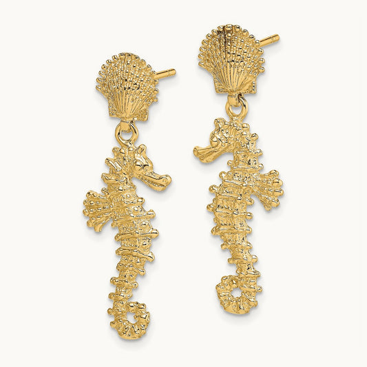 Seahorse Dangling From Shell Earrings, 14K