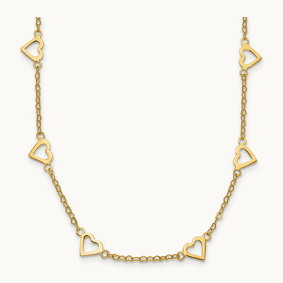Polished Open Hearts on Heart Link 17-Station Necklace, 14K