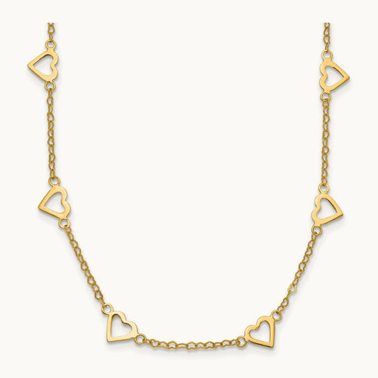Polished Open Hearts on Heart Link 17-Station Necklace, 14K