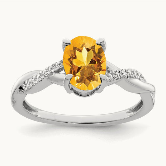 Oval Citrine and Diamond Ring — 14K White Gold, 0.07 ct, 7