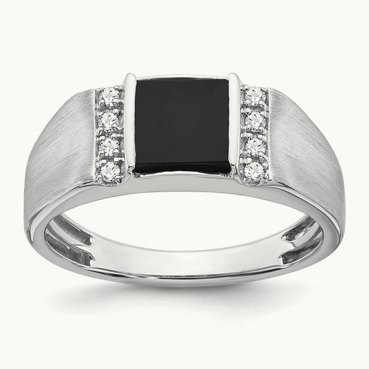 Square Onyx and Diamond Men's Ring — 14K White Gold