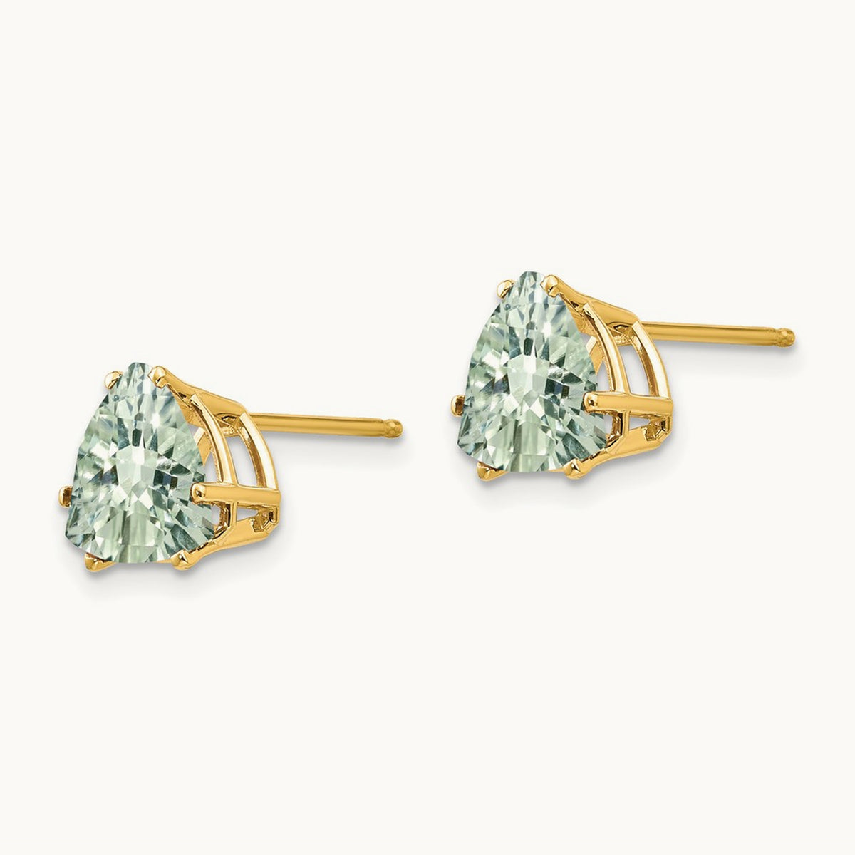Trillion Checker-Cut Green Quartz Earrings — 14K Yellow Gold, 8mm