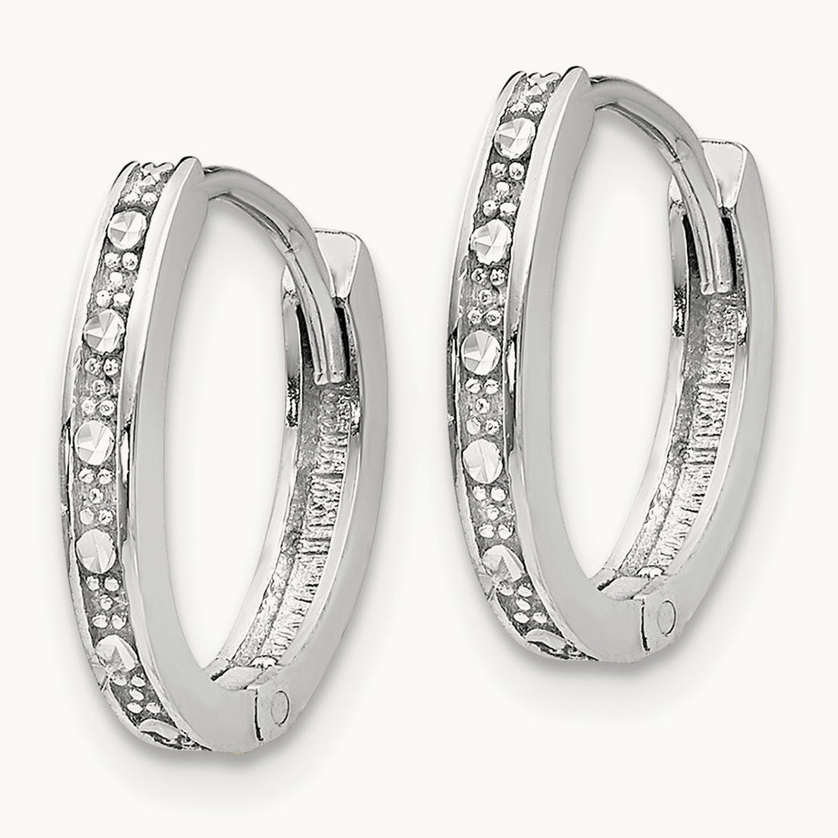 Diamond-cut Oval Hinged Hoop Earrings, 14K White Gold