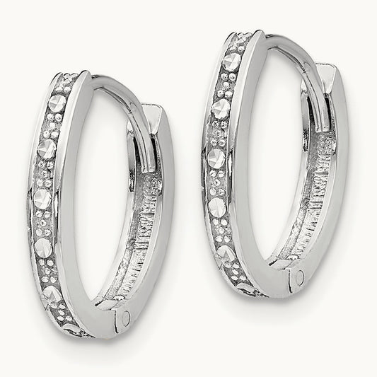 Diamond-cut Oval Hinged Hoop Earrings, 14K White Gold