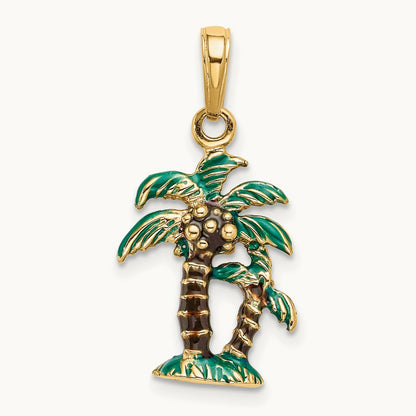 3D Enameled Palm Trees Pendant, 14K