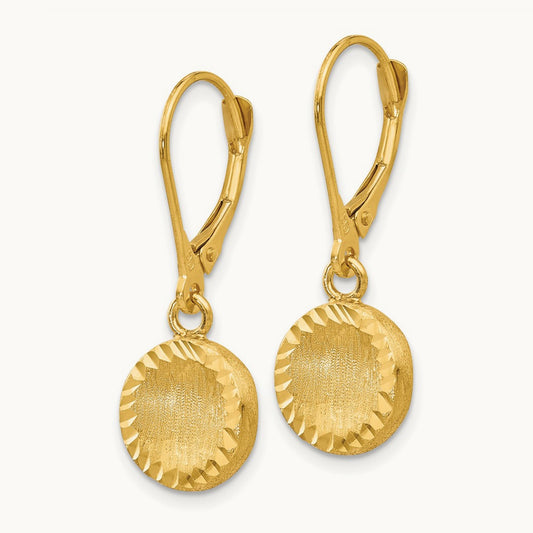 Brushed and Polished Diamond-cut Circle Leverback Earrings, 14K