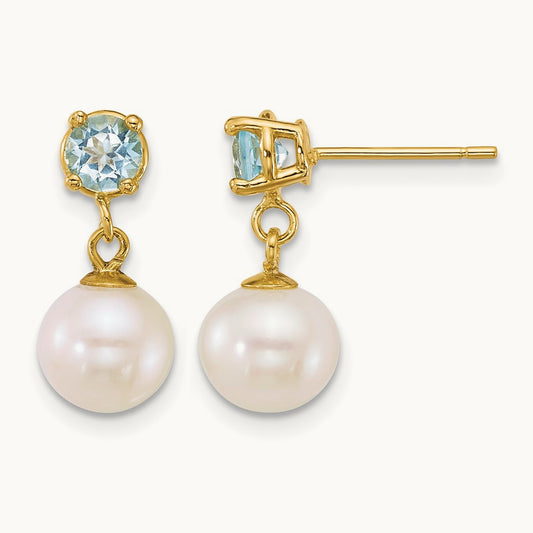 7- Rnd Wht FWC Pearl and Blue Topaz Post Dangle Earrings, 8mm, 14K