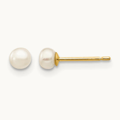 3- White Button Freshwater Cultured Pearl Stud Post Earrings, 4mm, 14K