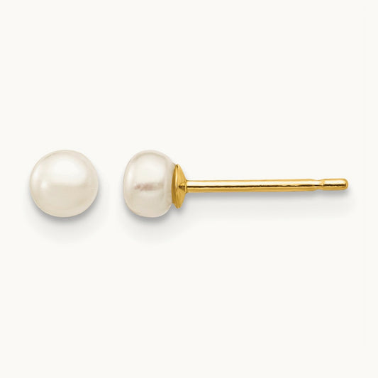 3- White Button Freshwater Cultured Pearl Stud Post Earrings, 4mm, 14K