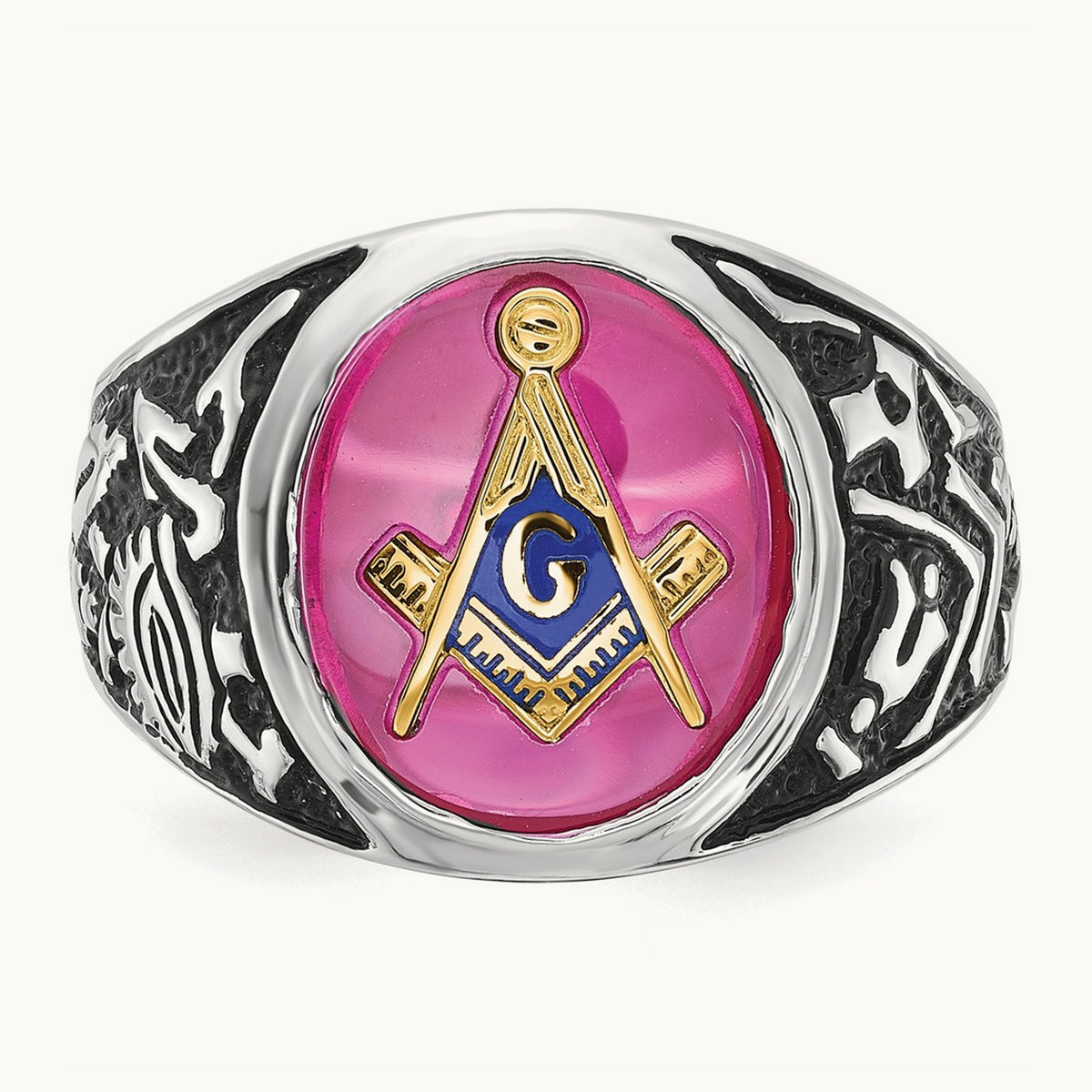 Men's Antiqued & Textured with Lab Created Ruby Masonic Ring — 14K White Gold