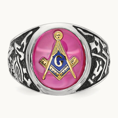 Men's Antiqued & Textured with Lab Created Ruby Masonic Ring — 14K White Gold