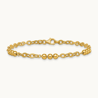 Polished 7.5in Fancy Beaded Cable Link Bracelet, 14K