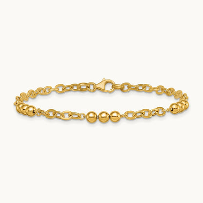 Polished 7.5in Fancy Beaded Cable Link Bracelet, 14K
