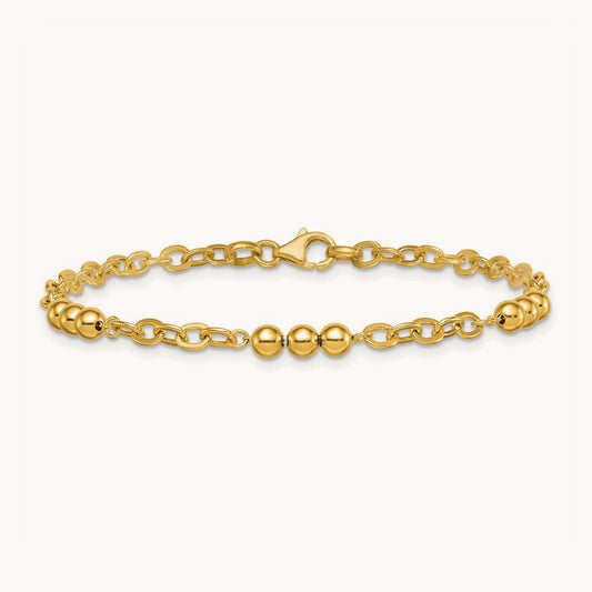 Polished 7.5in Fancy Beaded Cable Link Bracelet, 14K