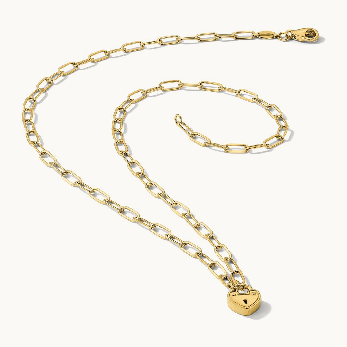 Polished Heart Lock Charm Paperclip Link Necklace, 14K