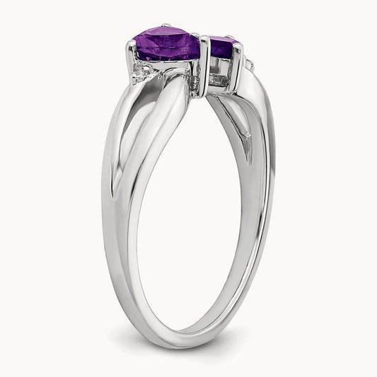 Amethyst and Diamond 2-stone Heart Ring, 14K White Gold