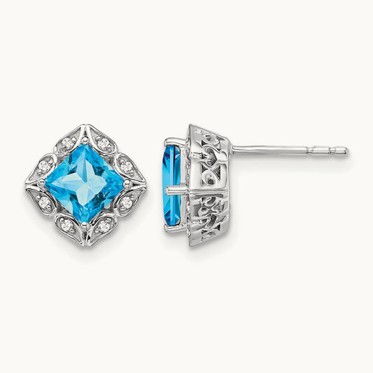 Square Blue Topaz and Diamond Earrings — 8.25mm