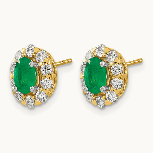 Oval Emerald and Diamond Halo Post Earrings, 14K